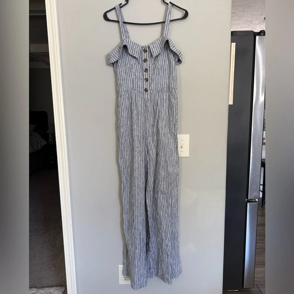 Striped Linen-Blend Off-Shoulder Jumpsuit - Blue & White